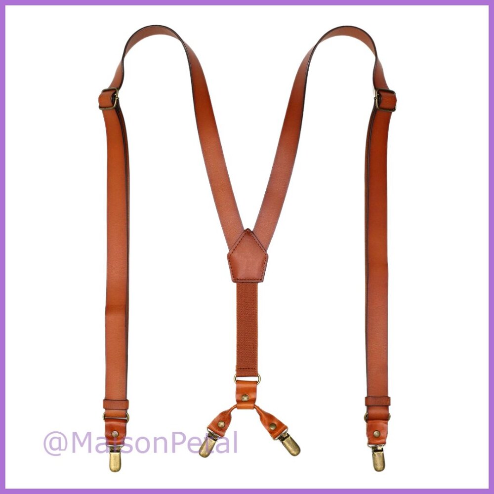 Genuine Leather Suspenders Y-Back Adjustable with 4 Metal Clips